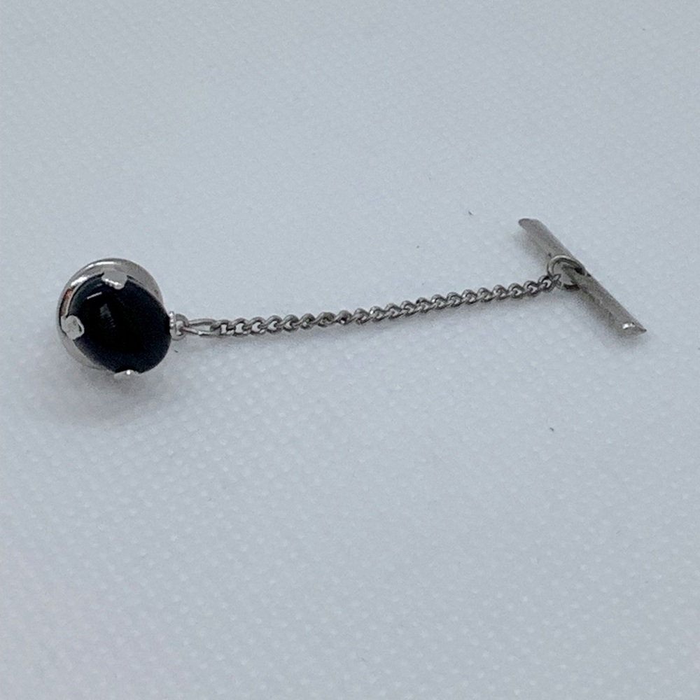 Silver Tone / Black Stone Tie Tac w/Safety Chain